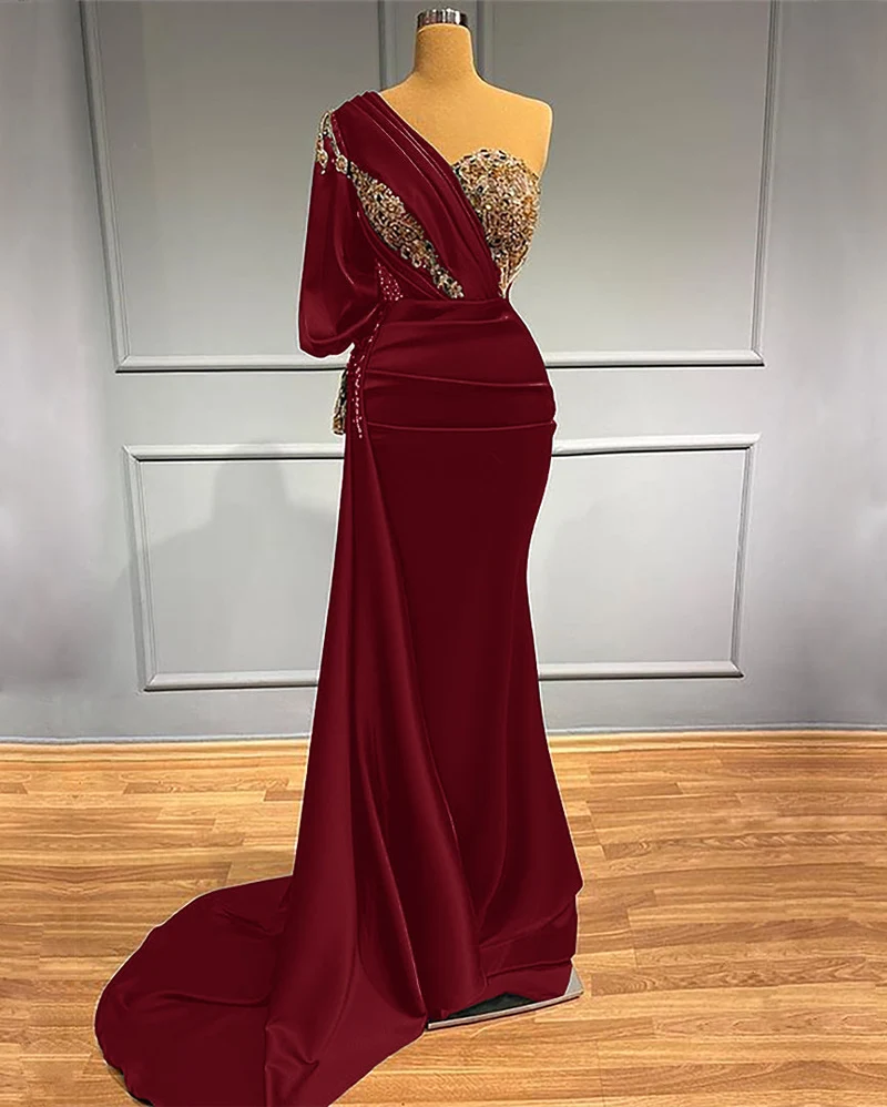 Robe de bal sirène élégante vert foncé à une épaule avec appliques perlées