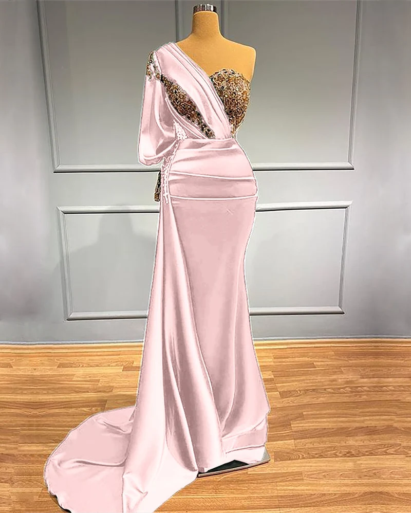 Robe de bal sirène élégante vert foncé à une épaule avec appliques perlées