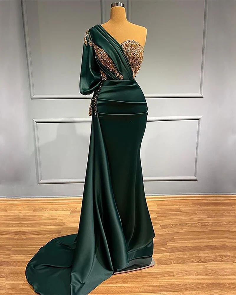 Robe de bal sirène élégante vert foncé à une épaule avec appliques perlées