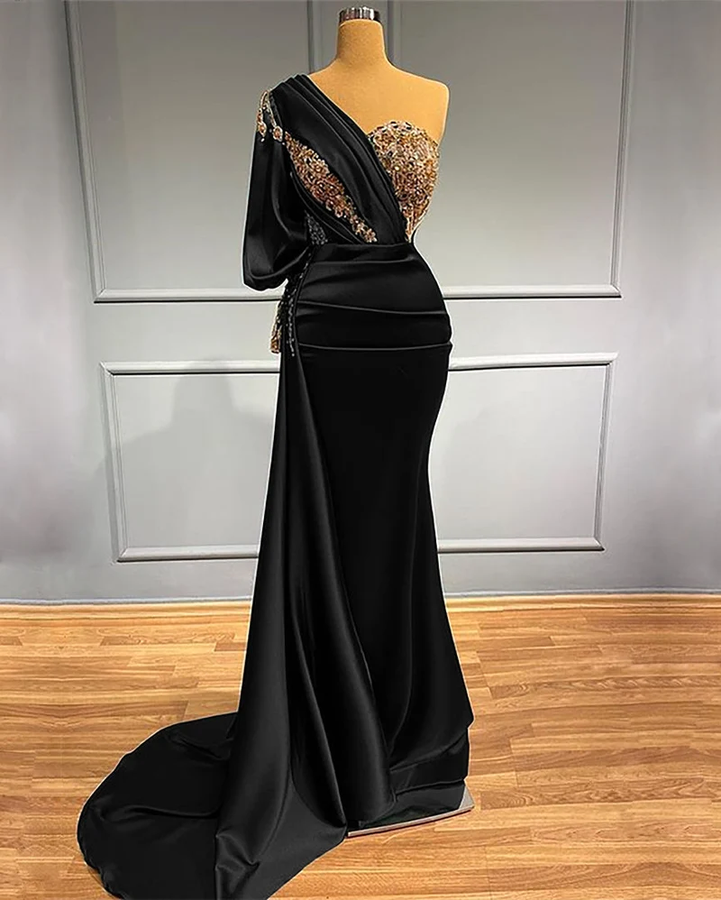 Robe de bal sirène élégante vert foncé à une épaule avec appliques perlées