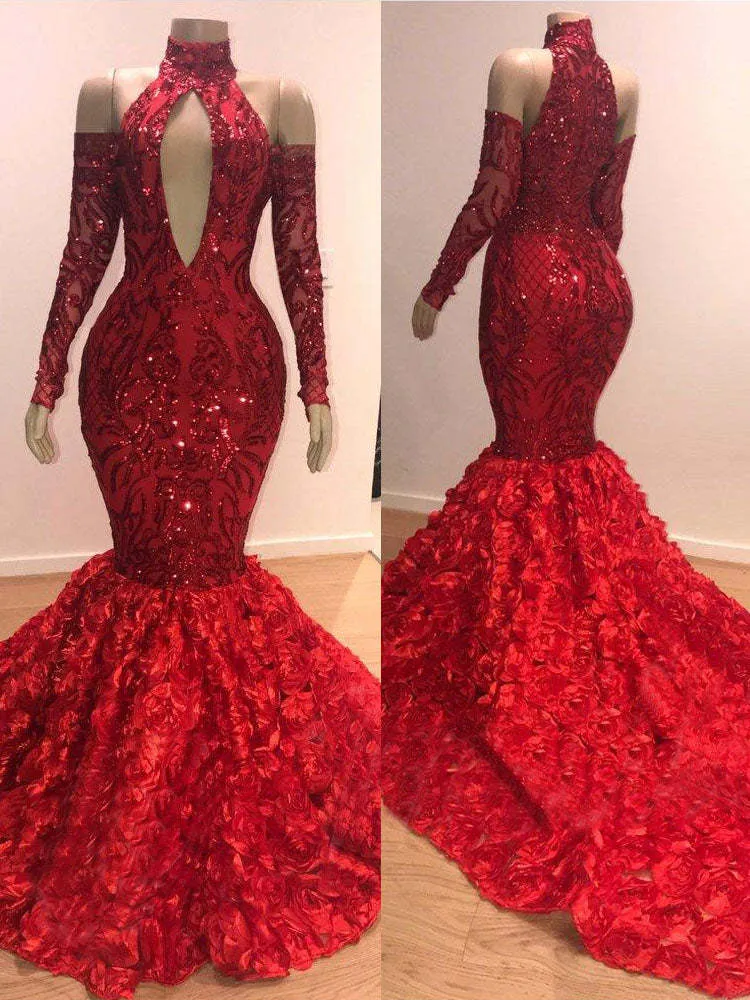 Robe de bal sirène bordeaux élégante à col haut et manches longues en sequins