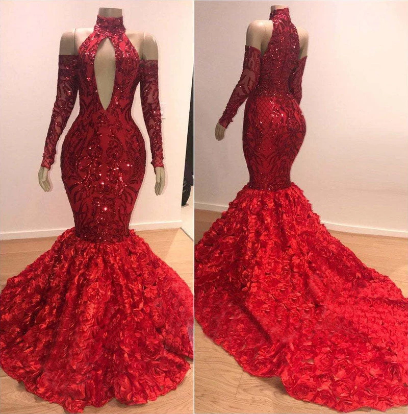 Robe de bal sirène bordeaux élégante à col haut et manches longues en sequins