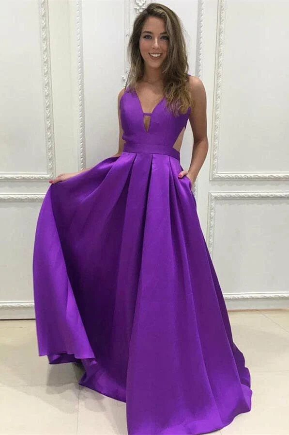 Robe de bal trapèze violette élégante sans manches avec col en V et poches
