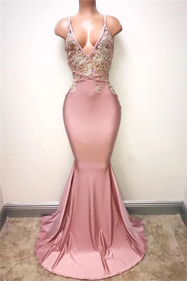 Robe de bal sirène rose élégante : bretelles spaghetti, appliques en dentelle, coupe longue