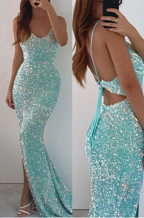 Robe de bal sirène élégante à paillettes avec bretelles spaghetti et fente sur la cuisse