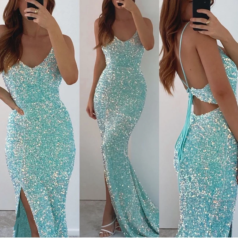 Robe de bal sirène élégante à paillettes avec bretelles spaghetti et fente sur la cuisse