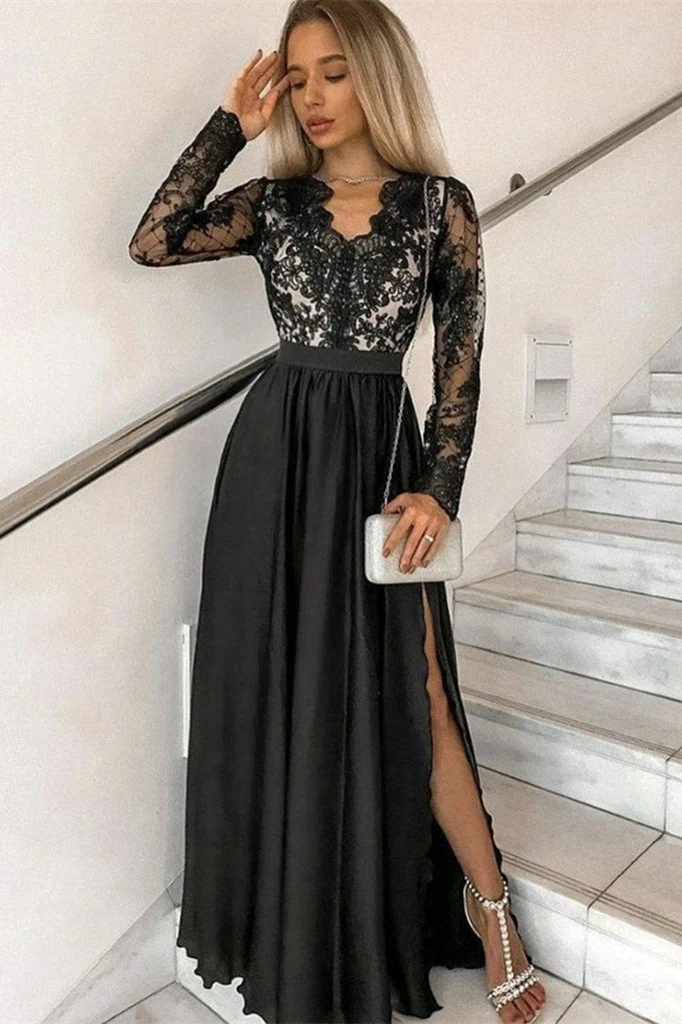 Robe de bal noire à manches longues et fente sur la cuisse