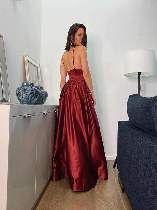 Robe de bal bordeaux à bretelles spaghetti, élégante robe trapèze fendue