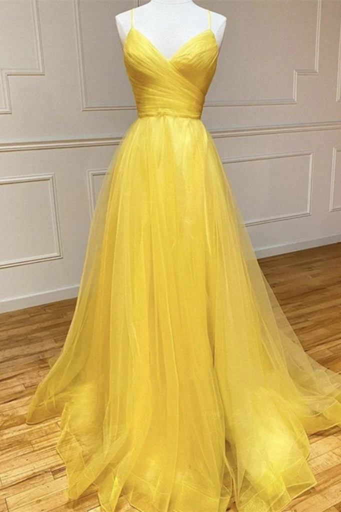 Robe de bal élégante en tulle jaune à bretelles spaghetti et dos ficelle