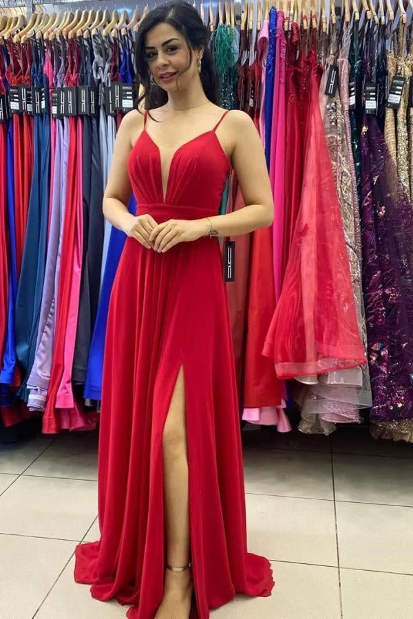 Robe de bal longue rouge à bretelles spaghetti avec fente