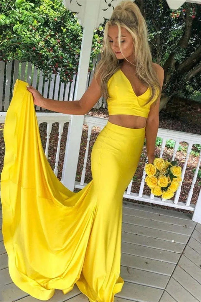 Robe de bal sirène jaune élégante deux pièces - Robe de soirée formelle