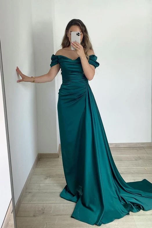 Robe de bal sirène élégante sans bretelles, épaules dénudées, à volants, longue traîne