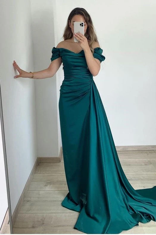 Robe de bal sirène élégante sans bretelles, épaules dénudées, à volants, longue traîne