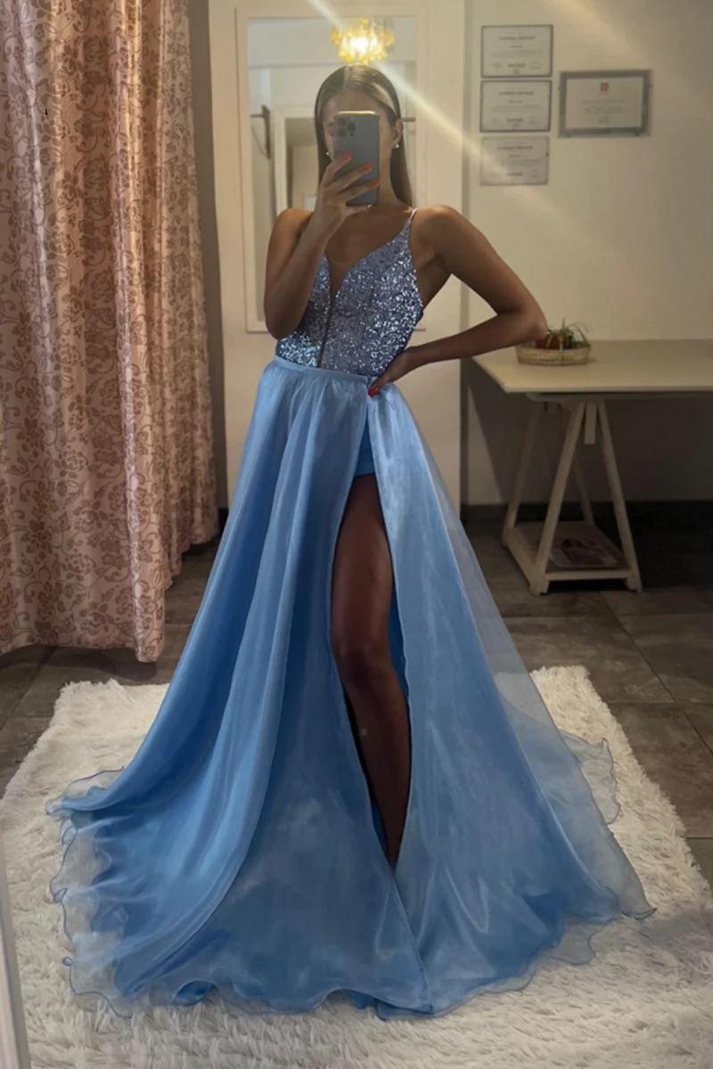 Robe de bal longue à lacets, col en V, bretelles spaghetti et fente sur la cuisse