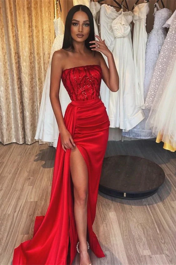 Robe de bal classique rouge à paillettes avec fente haute