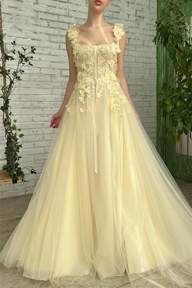 Robe de soirée sirène bustier jonquille avec appliques florales et design élégant