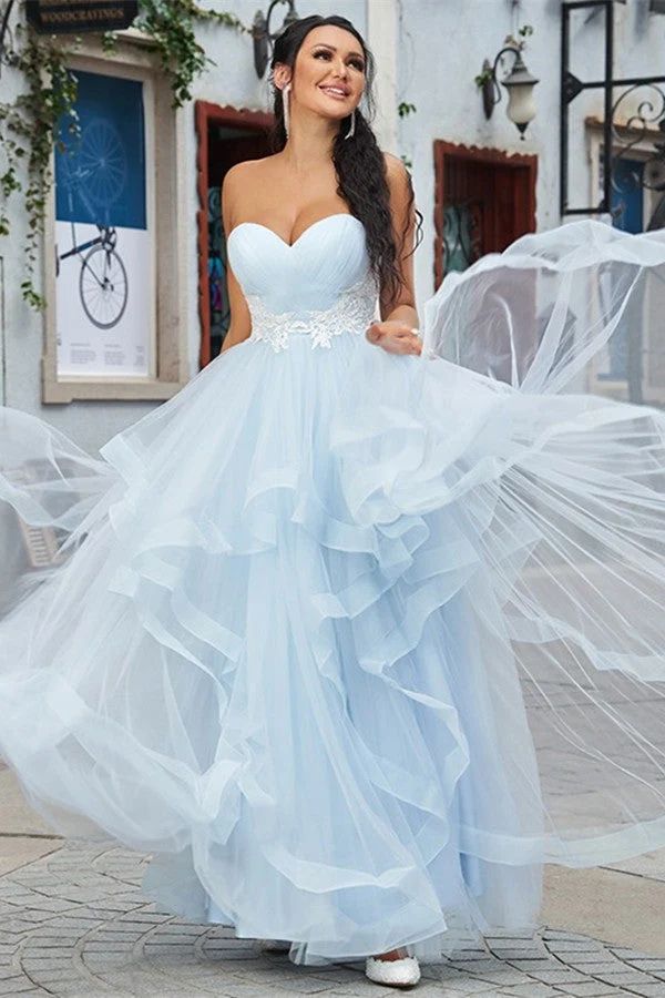 Robe de bal élégante en tulle bleu bébé avec appliques, robe de soirée bustier