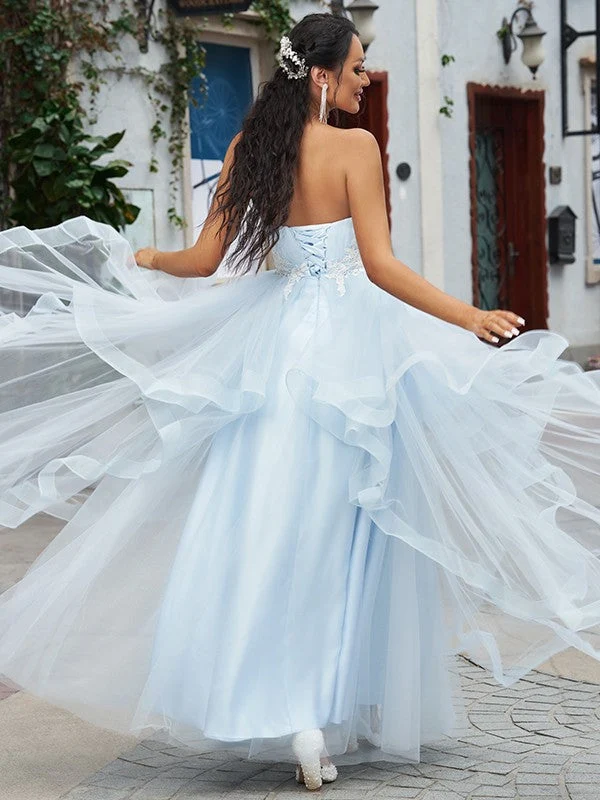 Robe de bal élégante en tulle bleu bébé avec appliques, robe de soirée bustier