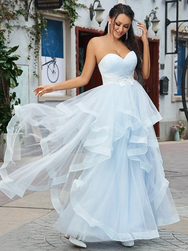 Robe de bal élégante en tulle bleu bébé avec appliques, robe de soirée bustier