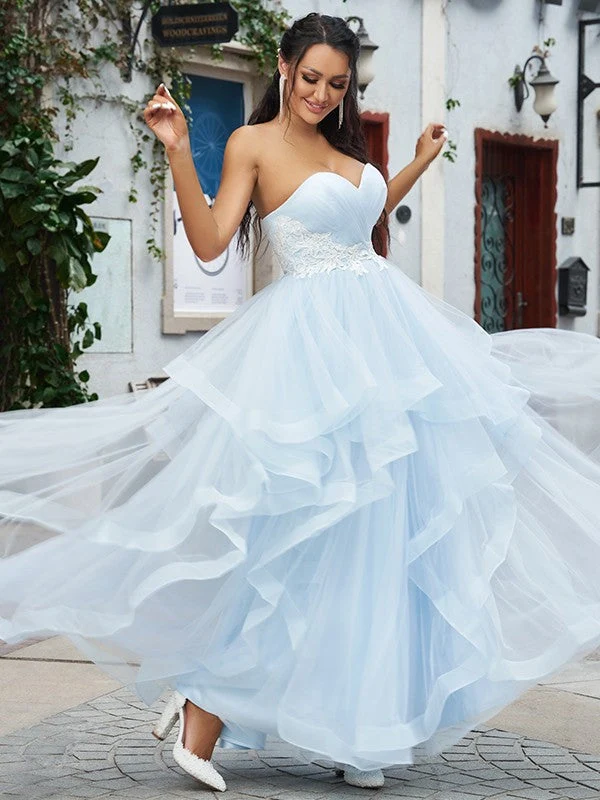 Robe de bal élégante en tulle bleu bébé avec appliques, robe de soirée bustier