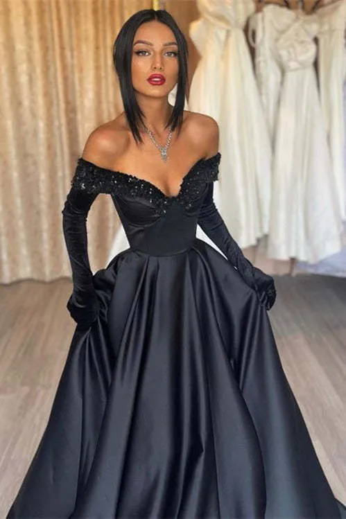 Robe de bal sirène noire élégante à épaules dénudées avec gants et manches