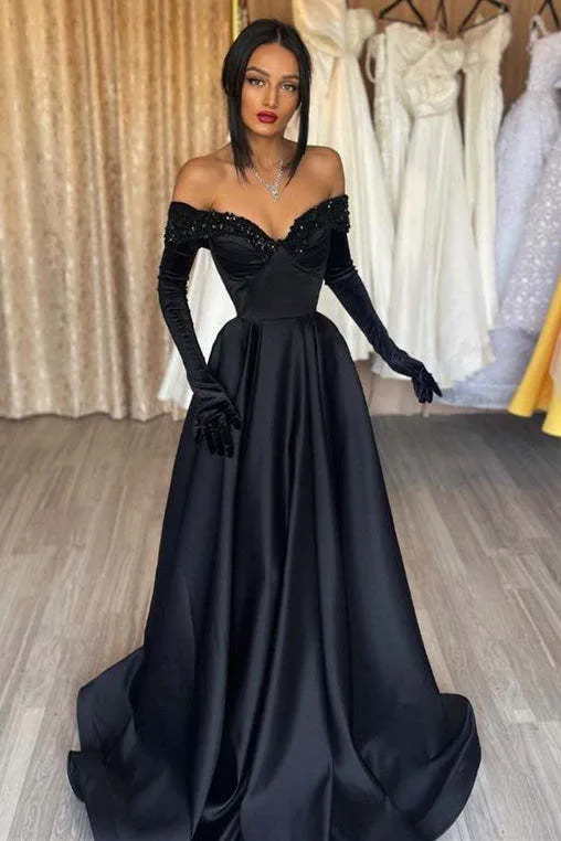 Robe de bal sirène noire élégante à épaules dénudées avec gants et manches