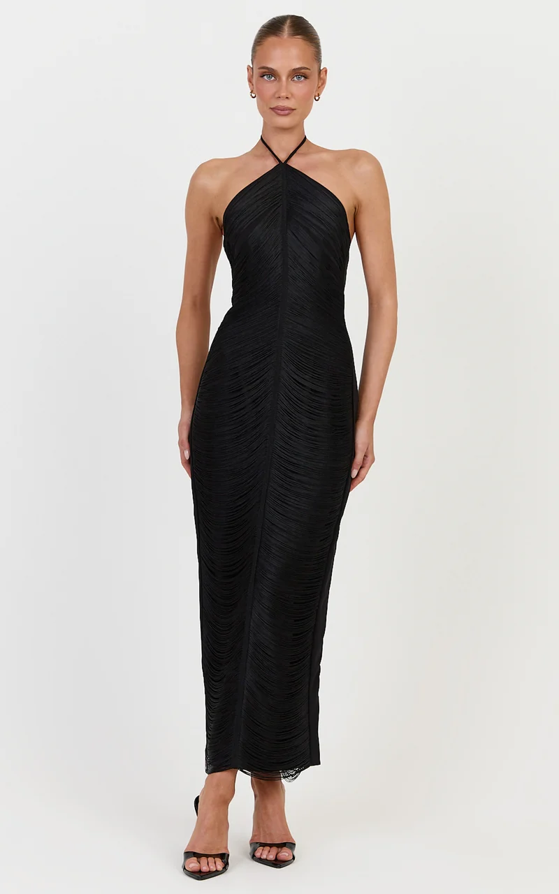 Tori Maxi Dress - Halter Neck Fringed Dress in Black