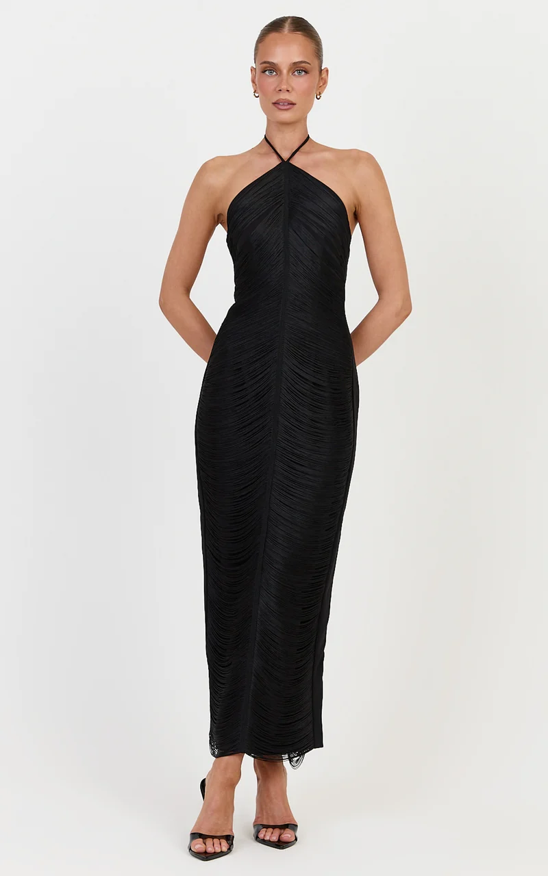 Tori Maxi Dress - Halter Neck Fringed Dress in Black