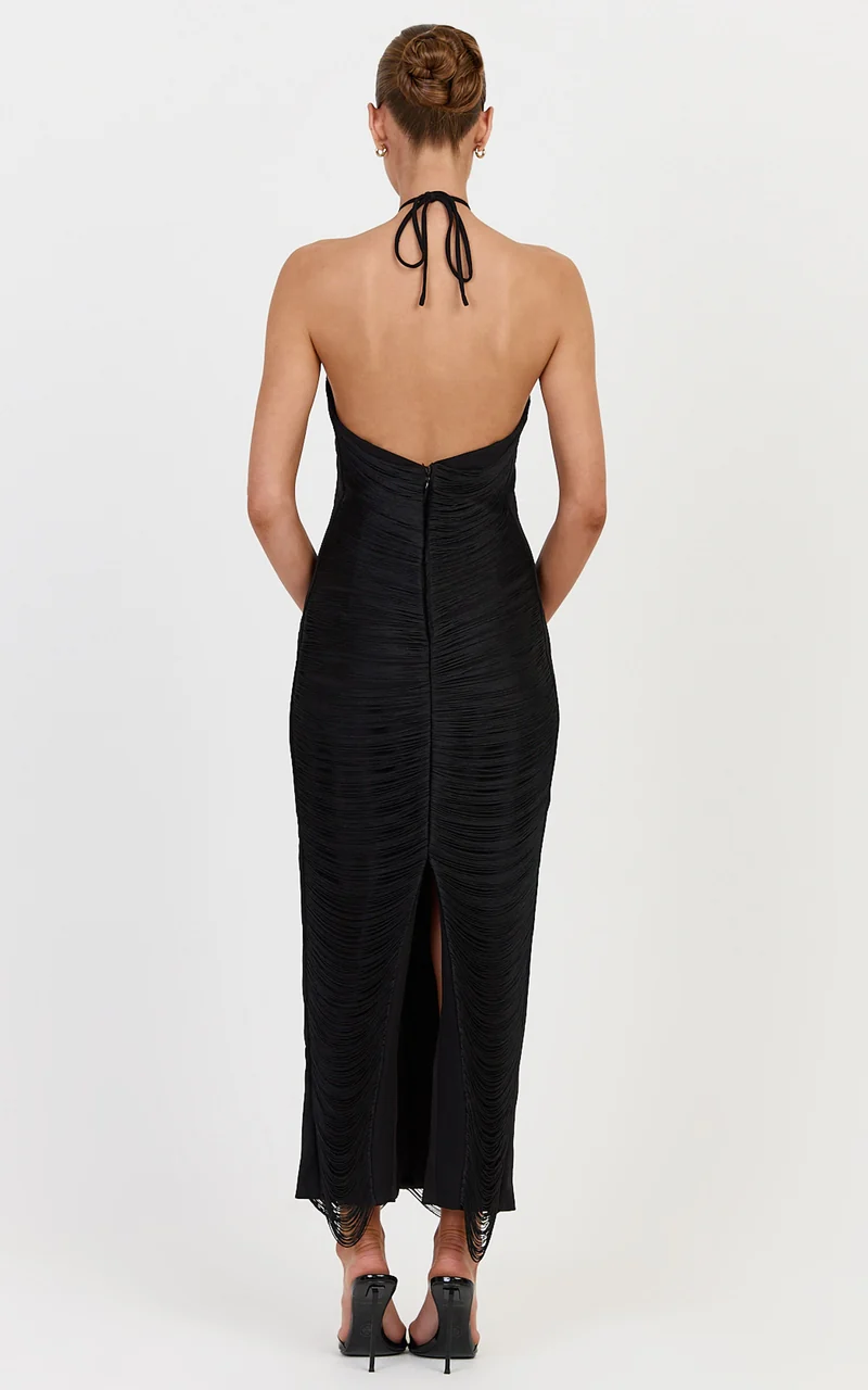Tori Maxi Dress - Halter Neck Fringed Dress in Black