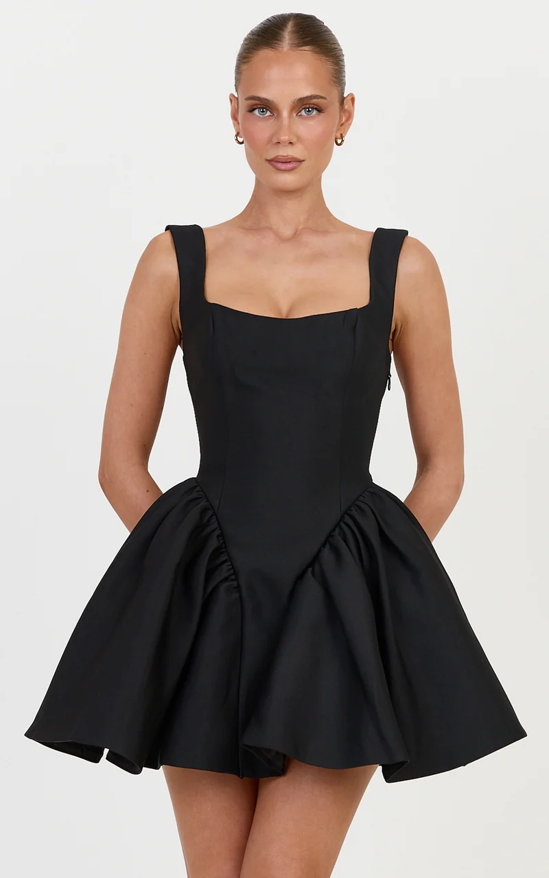 Lux Mini Dress - Gathered Fit And Flare Dress in Black