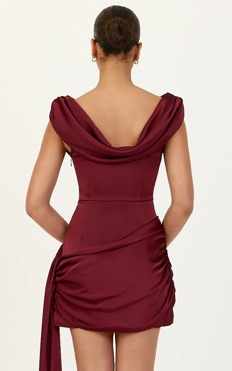 Joni Mini Dress - Off The Shoulder Draped Dress With Waist Sash in Wine