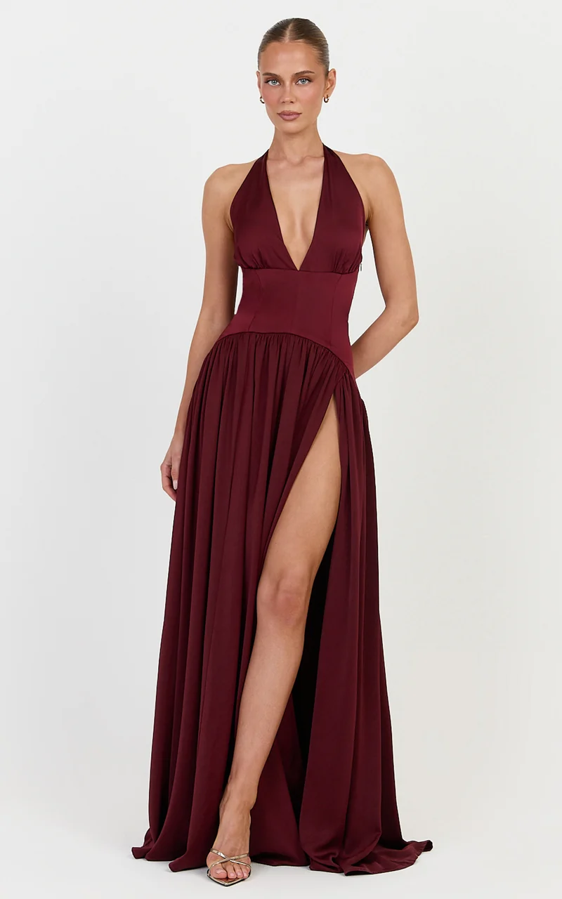 Orion Maxi Dress - Halter Fit And Flare Corset Waist Dress in Wine