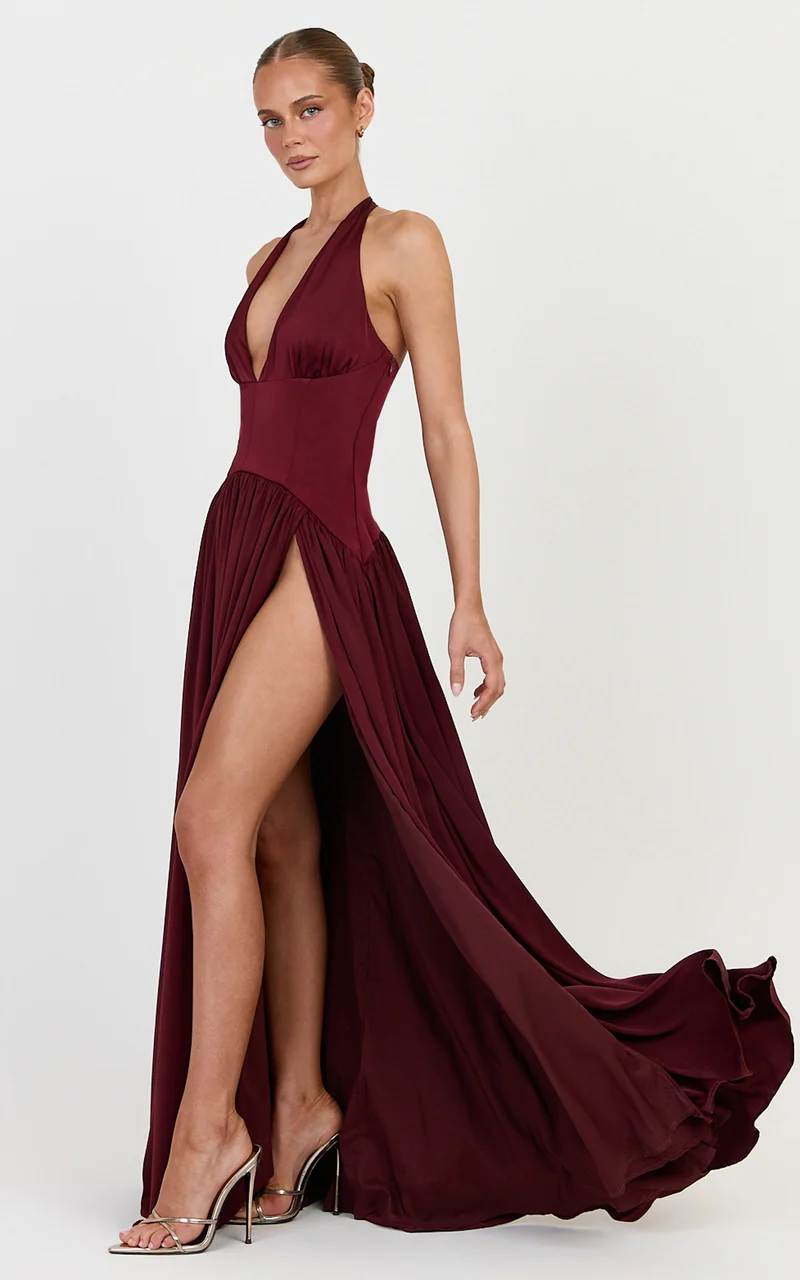 Orion Maxi Dress - Halter Fit And Flare Corset Waist Dress in Wine