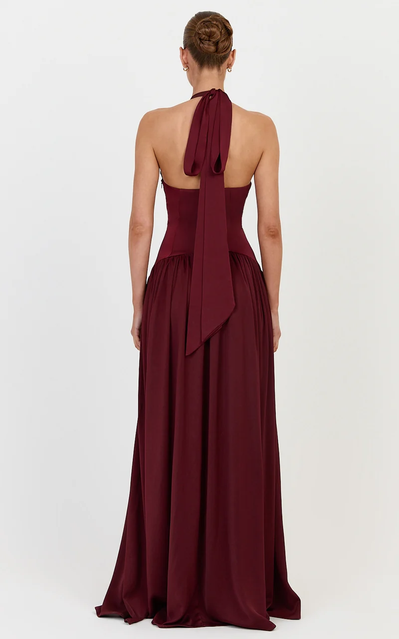 Orion Maxi Dress - Halter Fit And Flare Corset Waist Dress in Wine