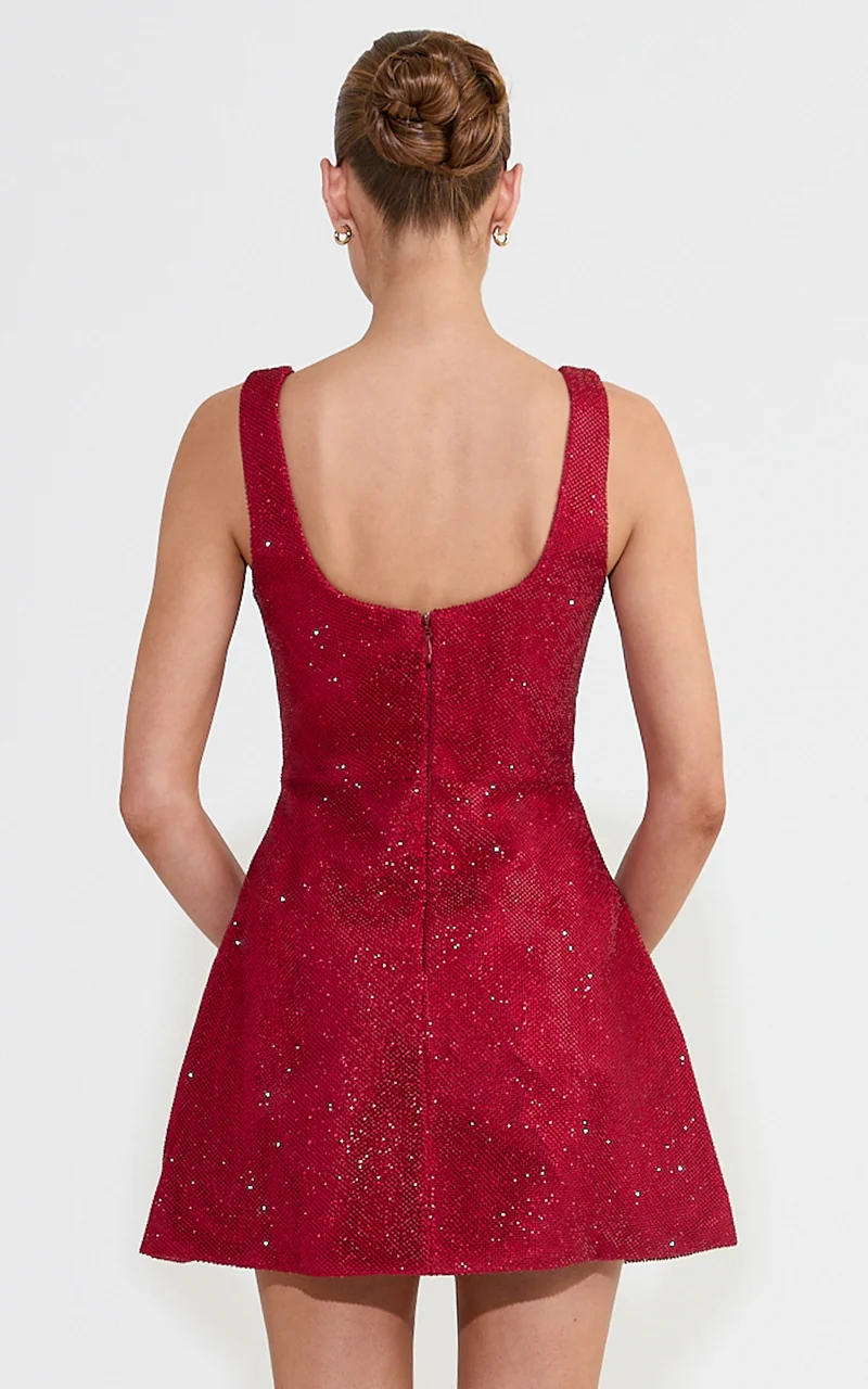 Gaia Mini Dress - Diamante Structured A Line Dress in Red Wine