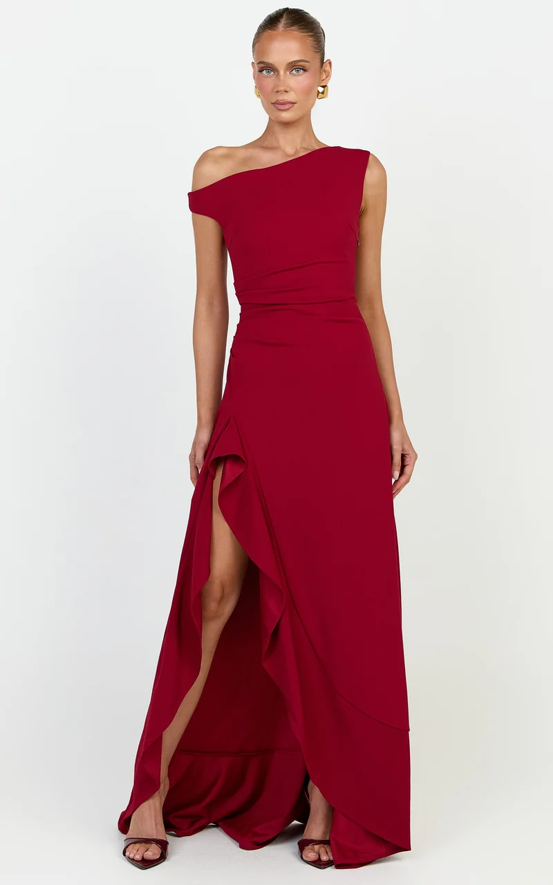Serafina Maxi Dress - Off Shoulder High Side Split Dress in Wine
