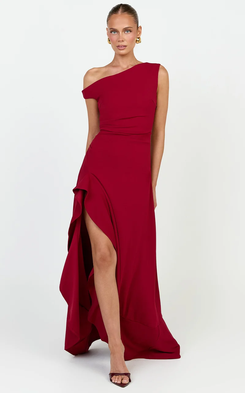 Serafina Maxi Dress - Off Shoulder High Side Split Dress in Wine