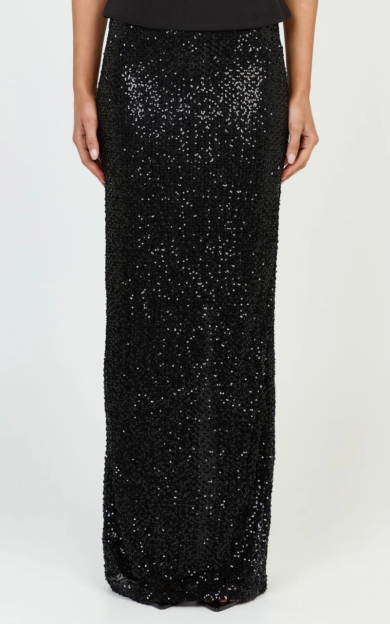 Beth Maxi Skirt - Sequin Back Split Skirt in Black