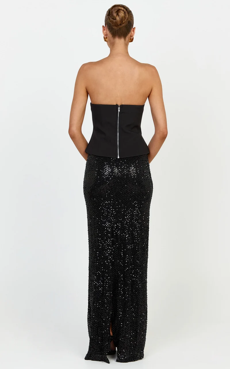 Beth Maxi Skirt - Sequin Back Split Skirt in Black