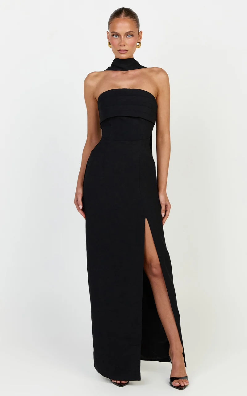 Marcelline Maxi Dress - Strapless Split Leg Fitted Dress With Neck Scarf in Black