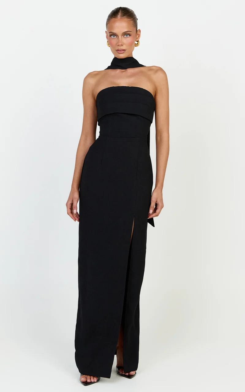 Marcelline Maxi Dress - Strapless Split Leg Fitted Dress With Neck Scarf in Black