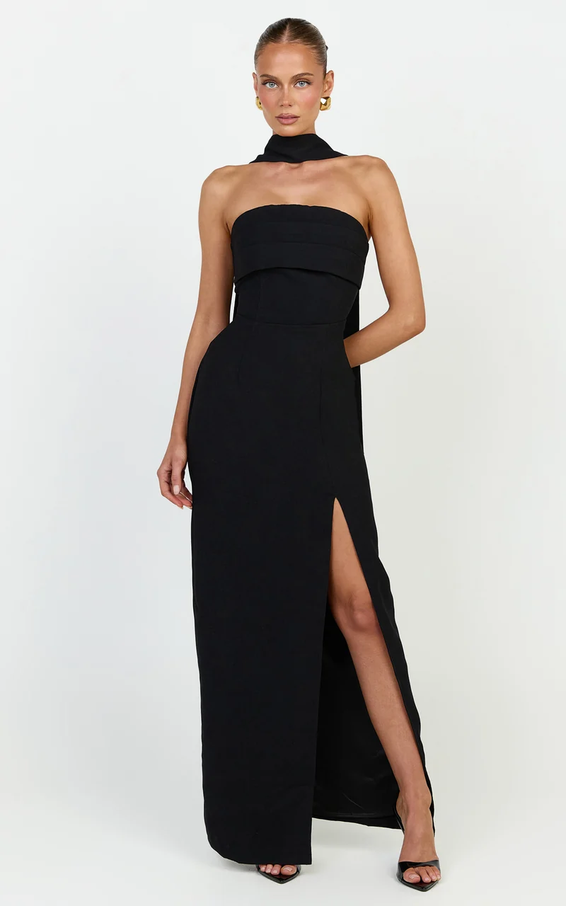 Marcelline Maxi Dress - Strapless Split Leg Fitted Dress With Neck Scarf in Black