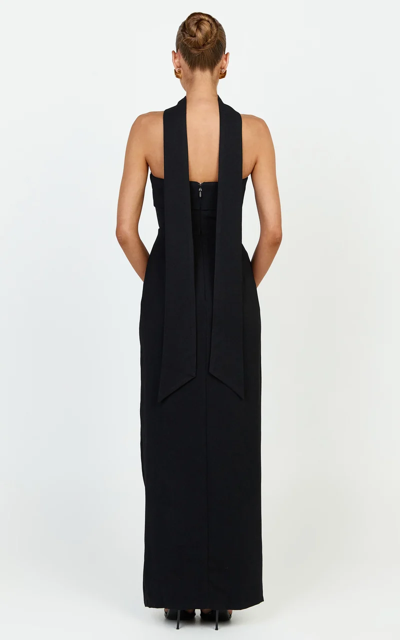 Marcelline Maxi Dress - Strapless Split Leg Fitted Dress With Neck Scarf in Black