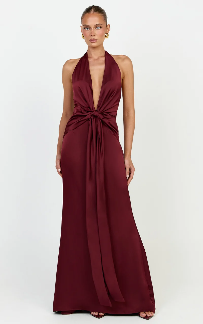 Raven Maxi Dress - Deep V Neck Tie Front Satin Dress in Wine