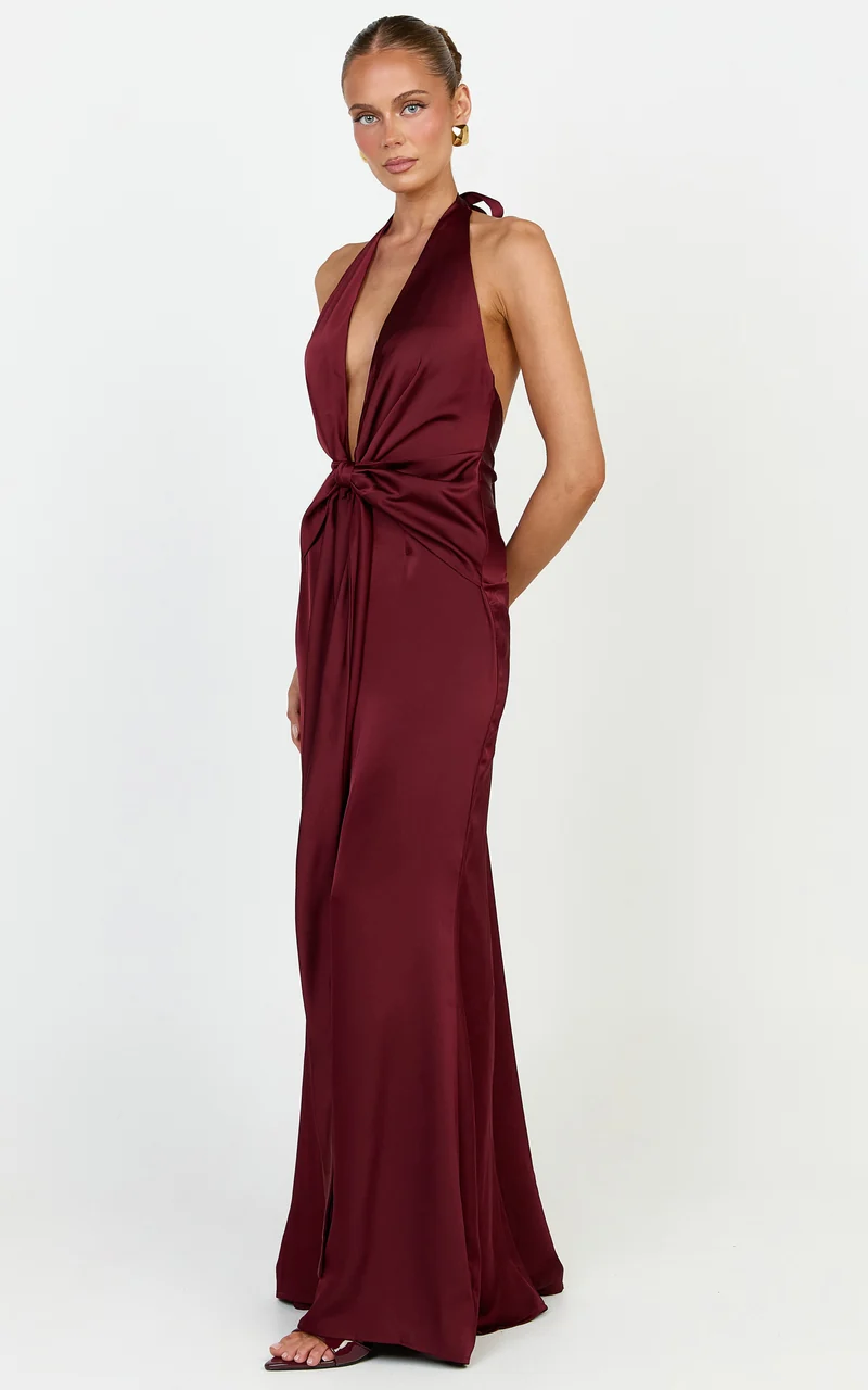 Raven Maxi Dress - Deep V Neck Tie Front Satin Dress in Wine