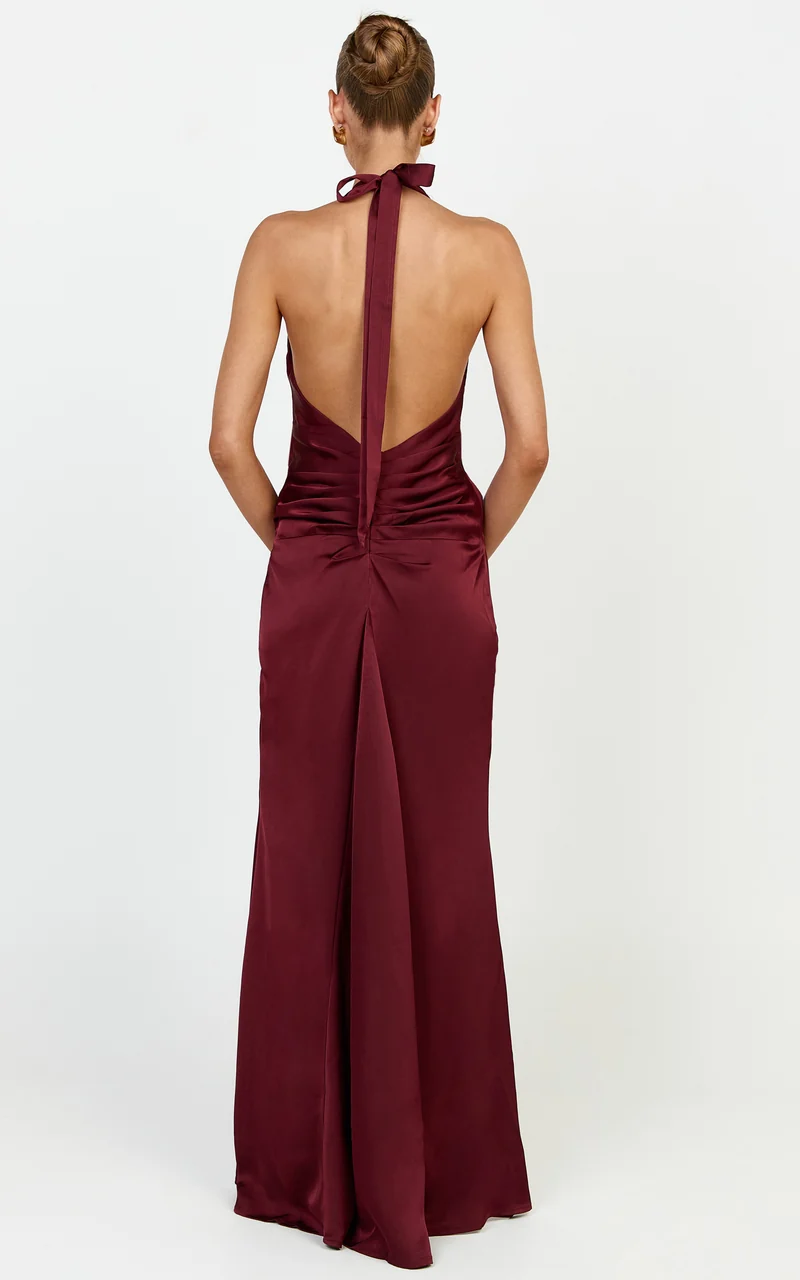 Raven Maxi Dress - Deep V Neck Tie Front Satin Dress in Wine