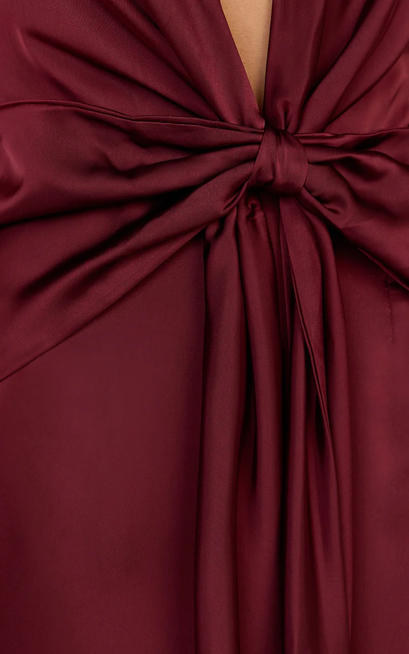 Raven Maxi Dress - Deep V Neck Tie Front Satin Dress in Wine