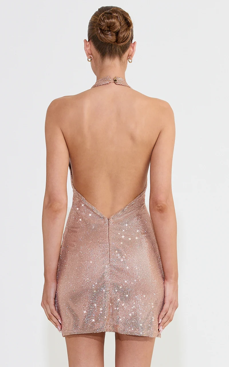 Margaux Mini Dress - Plunge Halter Neck Backless Diamond Net Dress in Antique Gold