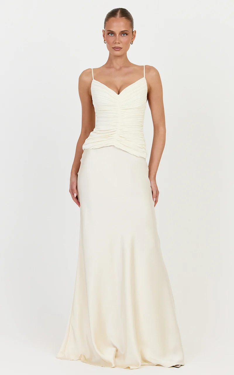 Veda Two Piece Top and Skirt Set - Plunge Ruched Plisse Contrast Satin Skirt Set in Champagne