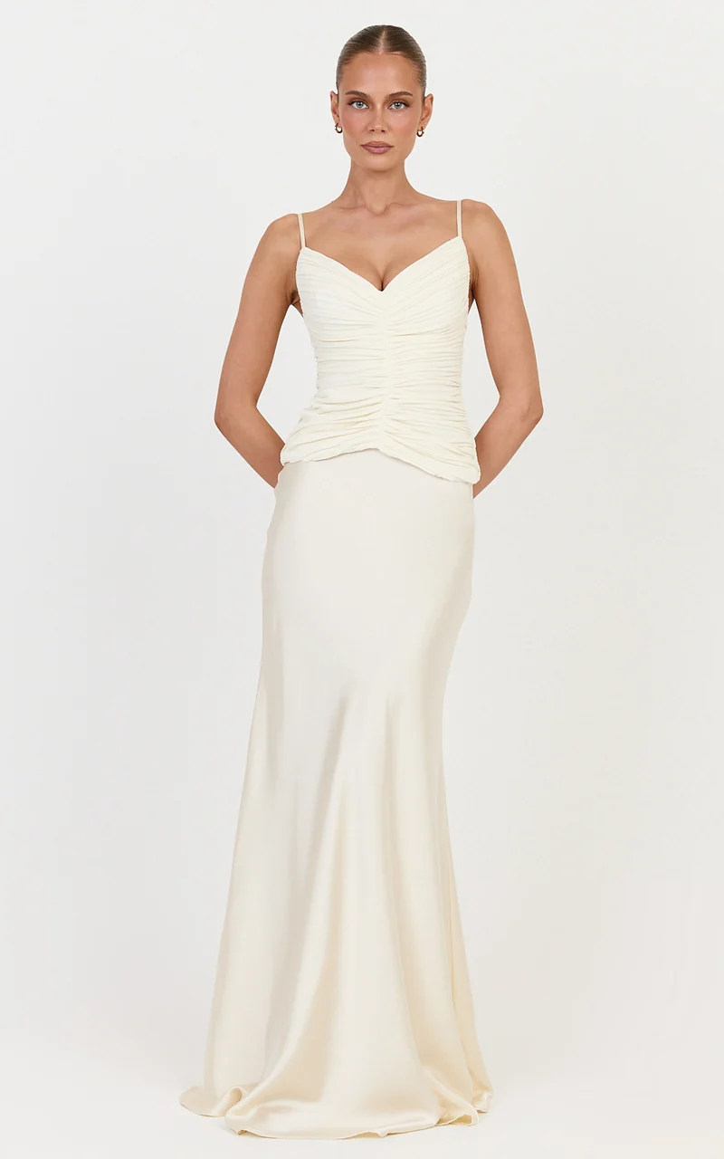 Veda Two Piece Top and Skirt Set - Plunge Ruched Plisse Contrast Satin Skirt Set in Champagne